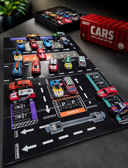 Best Cars Large Luxury Gift Box Pack of 48 Pull Back Toy Cars for Kids, Mini Die-Cast Style Vehicles with City Parking Playmat
