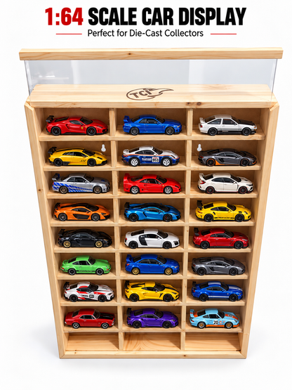 30 Compartment Die-Cast Car Display Cabinet with LED Lighting | Acrylic Cover & Without Acrylic Cover Variants | Wooden Storage case (car not including)