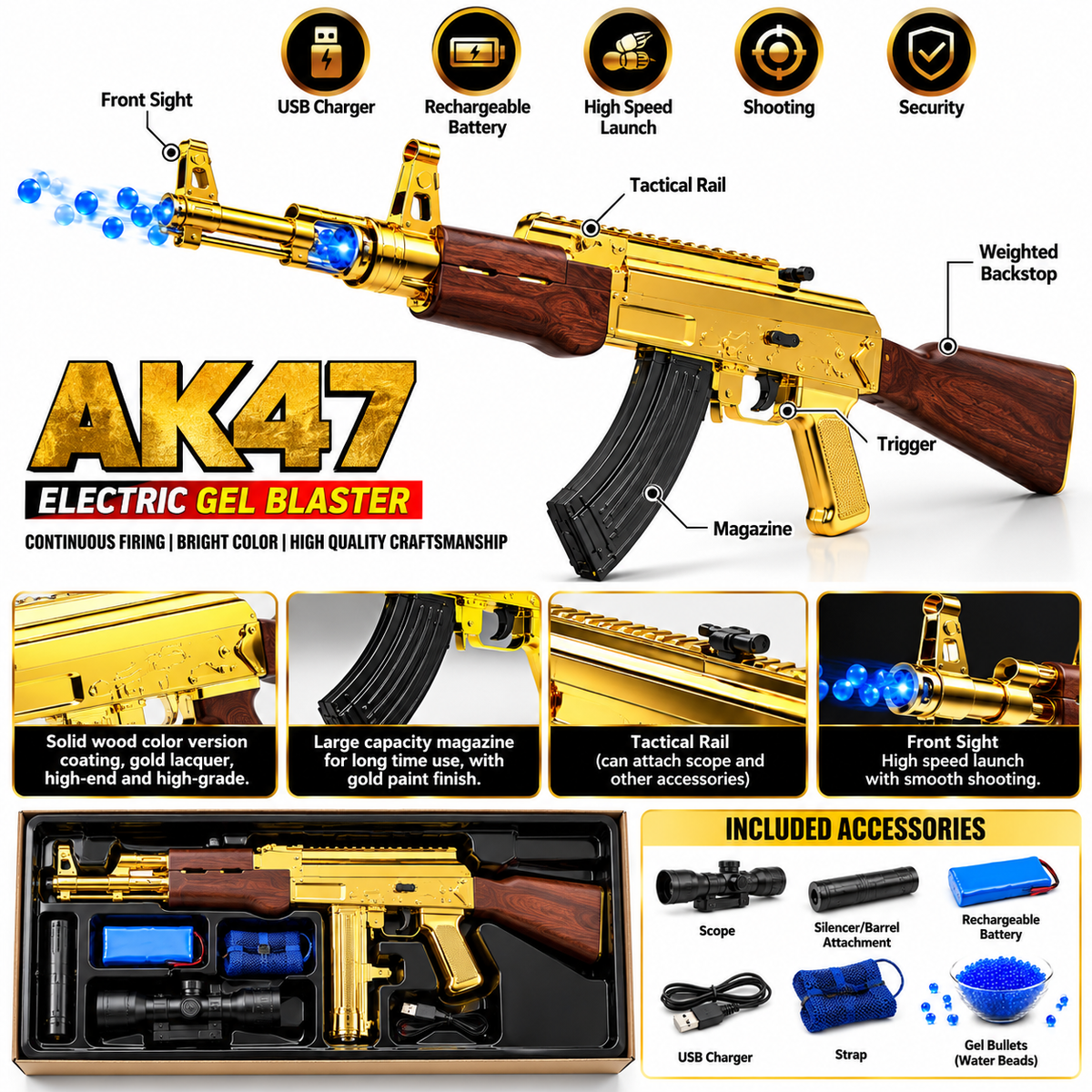 MENGHUO TOYS 'AK47 1:1 Scale Gold Electric Toy Gun with Scope | Rechargeable Battery 7.4V & USB Charger