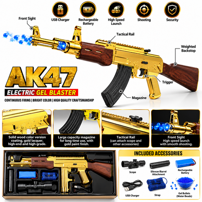 MENGHUO TOYS 'AK47 1:1 Scale Gold Electric Toy Gun with Scope | Rechargeable Battery 7.4V & USB Charger