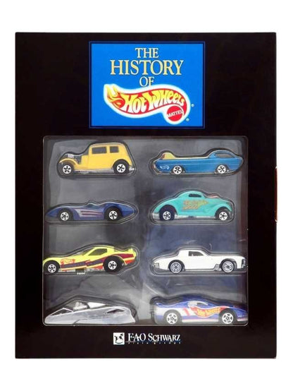 The history of hotwheels f.a.q schwarz 8 dynamic cars from 4 exciting decades 1960s,1970s,1980s,1990s ! classic Ford vicky.deors.second wind.neet streeter vetty funny.stutz blackhawk.shadow jet .93 Camaro