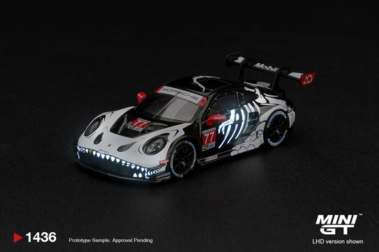 PRE-ORDER Mini GT-1436 Porsche 911 GT3R (992) #77 AO Racing "Skeleton Rexy" 2026 IMSA Petit Le Mans 1:64 Scale Blister/Box (ETA-June 2027)