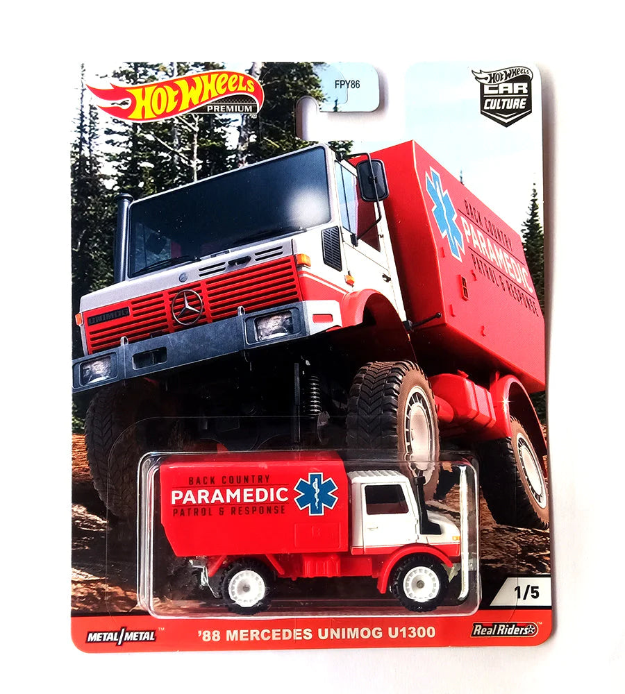 Hot Wheels Premium Car Culture Wild Terrain '88 Mercedes Unimog U1300 - Red / White imported premium 1:64 Scale