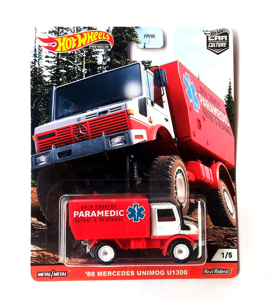 Hot Wheels Premium Car Culture Wild Terrain '88 Mercedes Unimog U1300 - Red / White imported premium 1:64 Scale