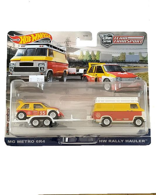 EXCLUSIVES Hot Wheels Premium Team Transport MG Metro 6R4 &amp; HW Rally Hauler - Yellow / Red (blister not mint)