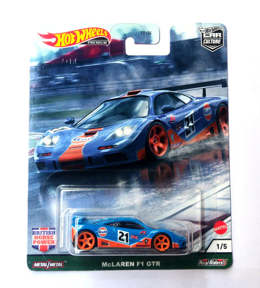 Hot Wheels British Horse Power Collection McLaren F1 GTR - Blue / Orange - 2020 Card imported premium 1:64 scale