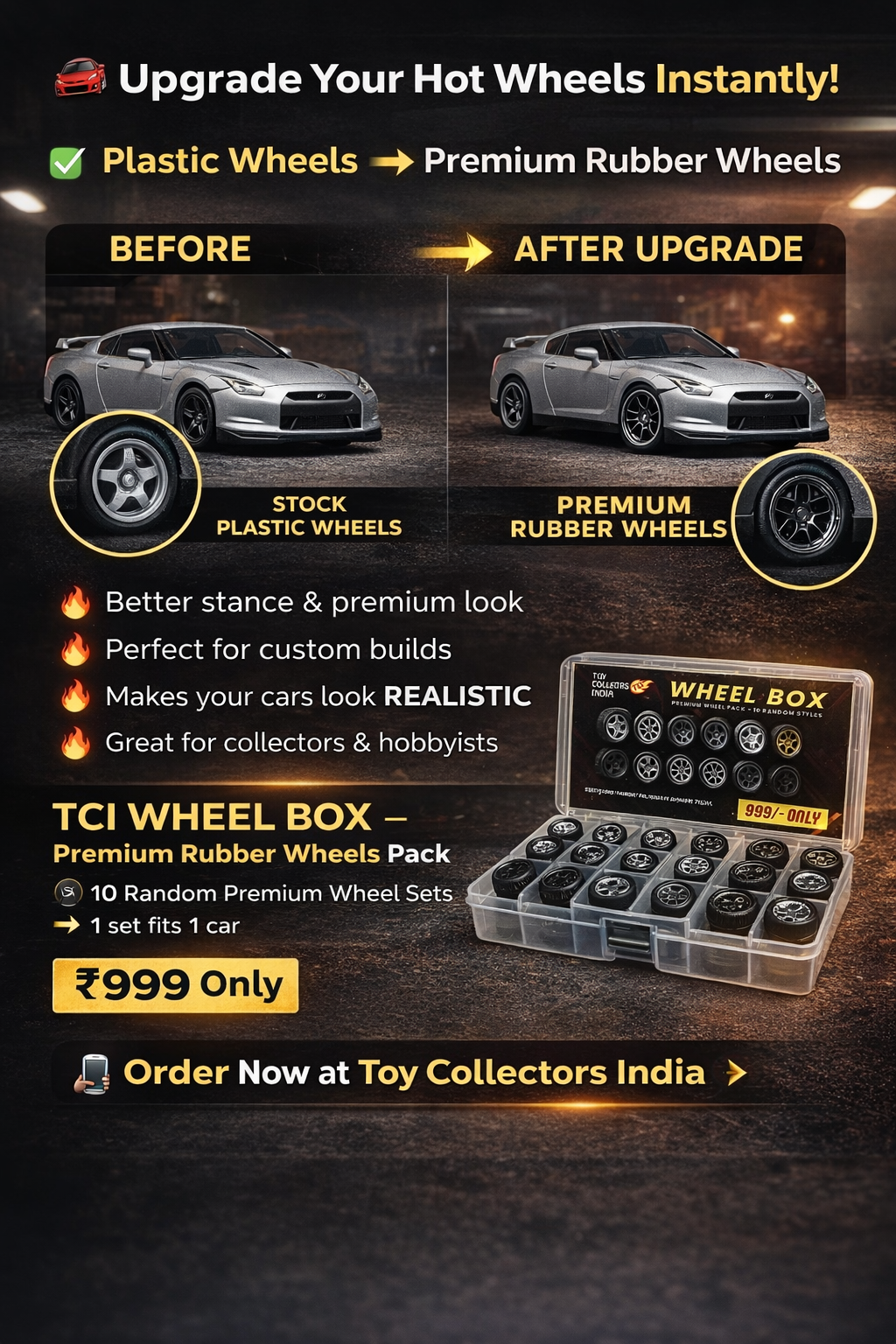 TCI Wheels Box Premium Wheels Pack Random Sets Hotwheels rubber wheels (Random assortment) 1 set fits 1 car