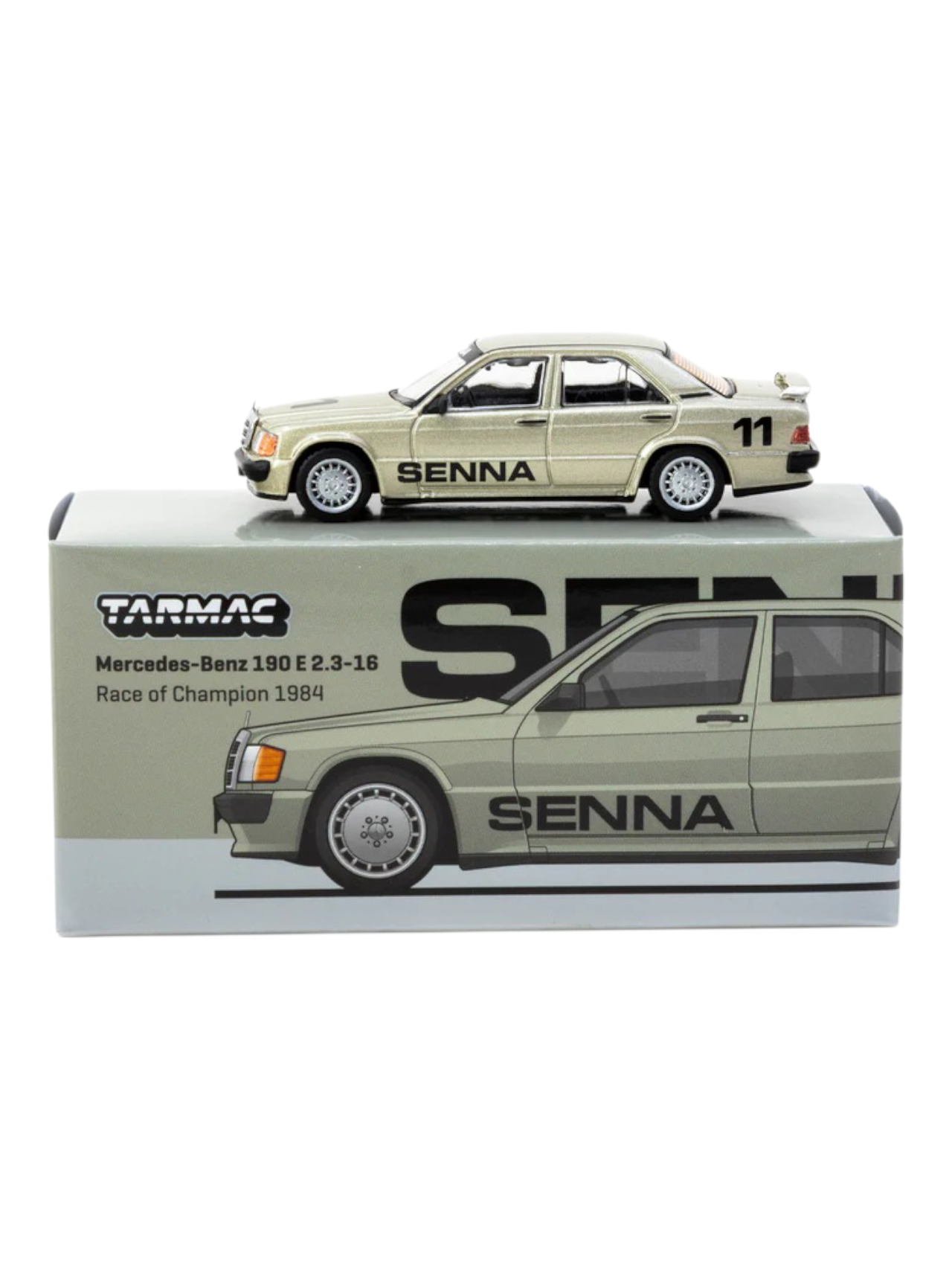 Tarmac Works Mercedes-Benz 190E 2.3-16 Senna Edition-Race of Champions 1984 Model Car 1:64 Scale