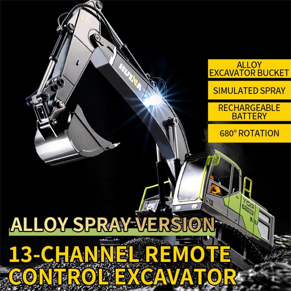 Huina Toys 1661 RC Excavator With 13 Function upgrade Alloy 3.7V 500mAh Li-ion battery ( Play Time: Approx. 20–30 mins (per charge) Remote Controller (batteries not included) USB Charging Cable 1:18 Scale