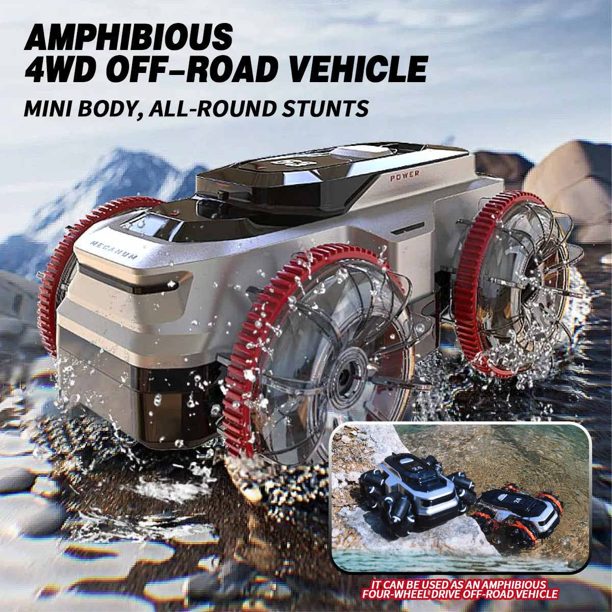Amphibious Remote Control Car - Waterproof RC Stunt Car for Kids with 360° Spins, 50 Min Batteries,High-Speed, All-Terrain, One car with two kinds of wheels make more fun