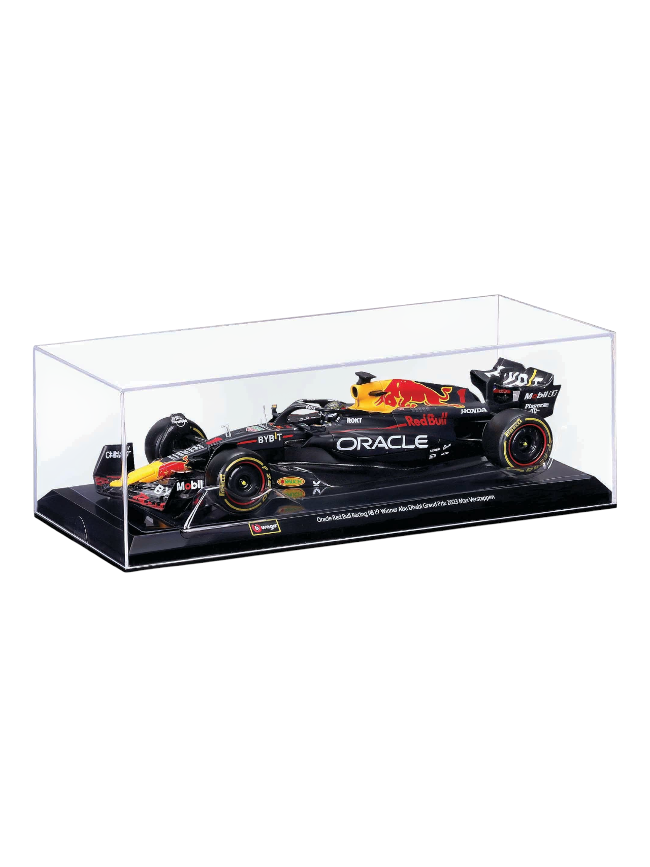Bburago Formula 1 (F1) Oracle Redbull Racing RB19 Winner Abu Dhabi Grand Prix 2023 Max Verstappen 1:24 Scale (With Acrylic Case)