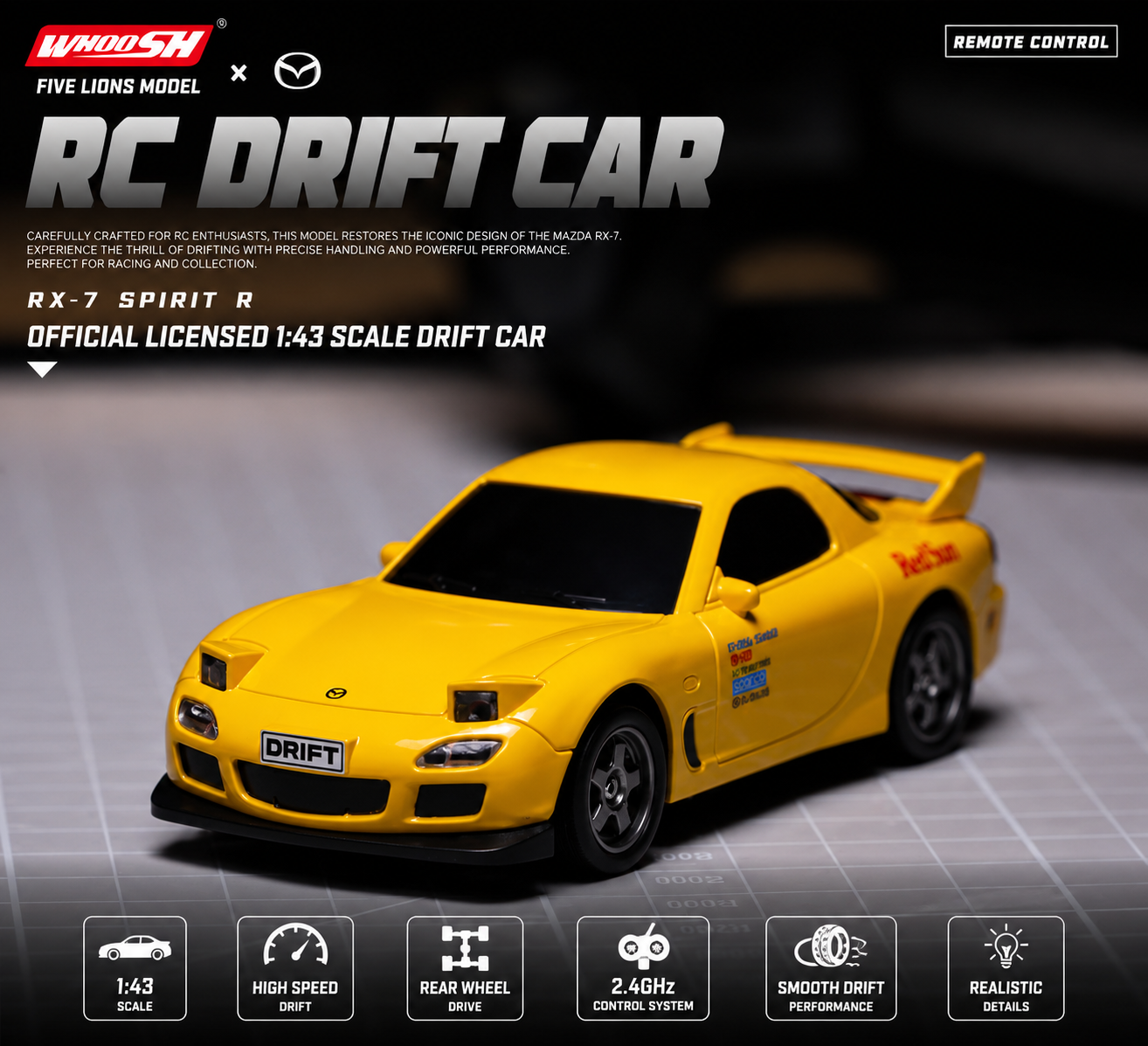 WHOOSH 1:43 Scale Mazda RX-7 Spirit R RC Drift Car – 2.4GHz Remote Control, 4WD, Gyro Stability, 20KM/H High Speed, LED Lights & Metal Bearings