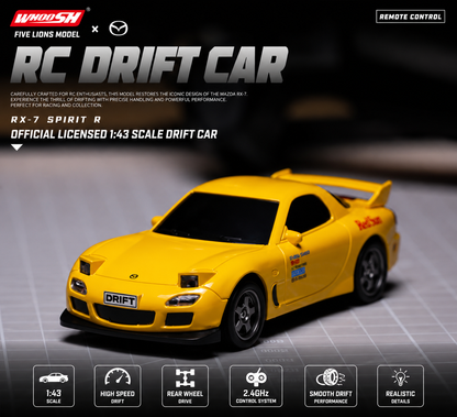 WHOOSH 1:43 Scale Mazda RX-7 Spirit R RC Drift Car – 2.4GHz Remote Control, 4WD, Gyro Stability, 20KM/H High Speed, LED Lights & Metal Bearings