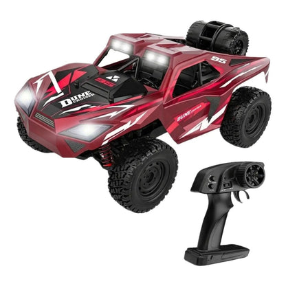Dune Cruiser Racing 1:16 Scale 4WD High-Speed Off-Road RC Rock Crawler Buggy (40+ KM/H, 2.4GHz) Battery: 7.4V Rechargeable Li-ion / Li-Po Battery (USB Fast Charging Cable included) Color: Matte Crimson Red with Black & White Racing Graphics