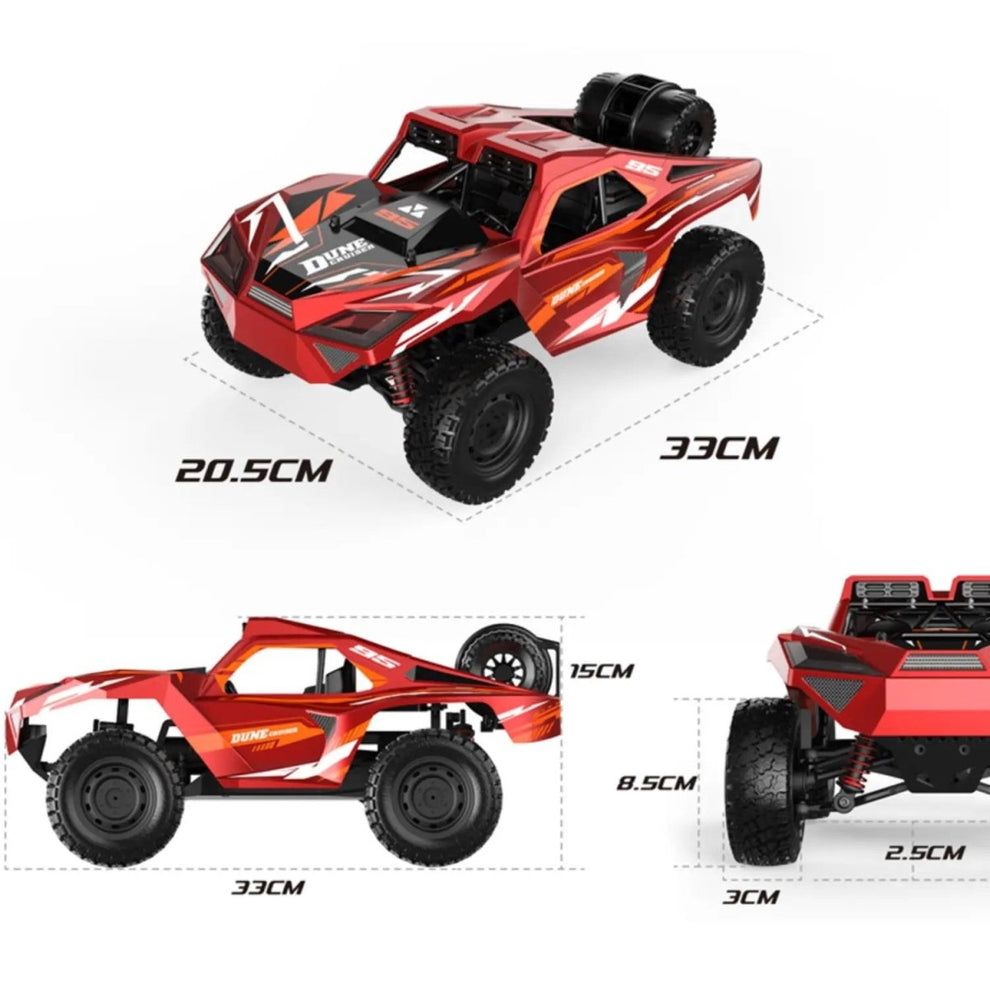 Dune Cruiser Racing 1:16 Scale 4WD High-Speed Off-Road RC Rock Crawler Buggy (40+ KM/H, 2.4GHz) Battery: 7.4V Rechargeable Li-ion / Li-Po Battery (USB Fast Charging Cable included) Color: Matte Crimson Red with Black & White Racing Graphics