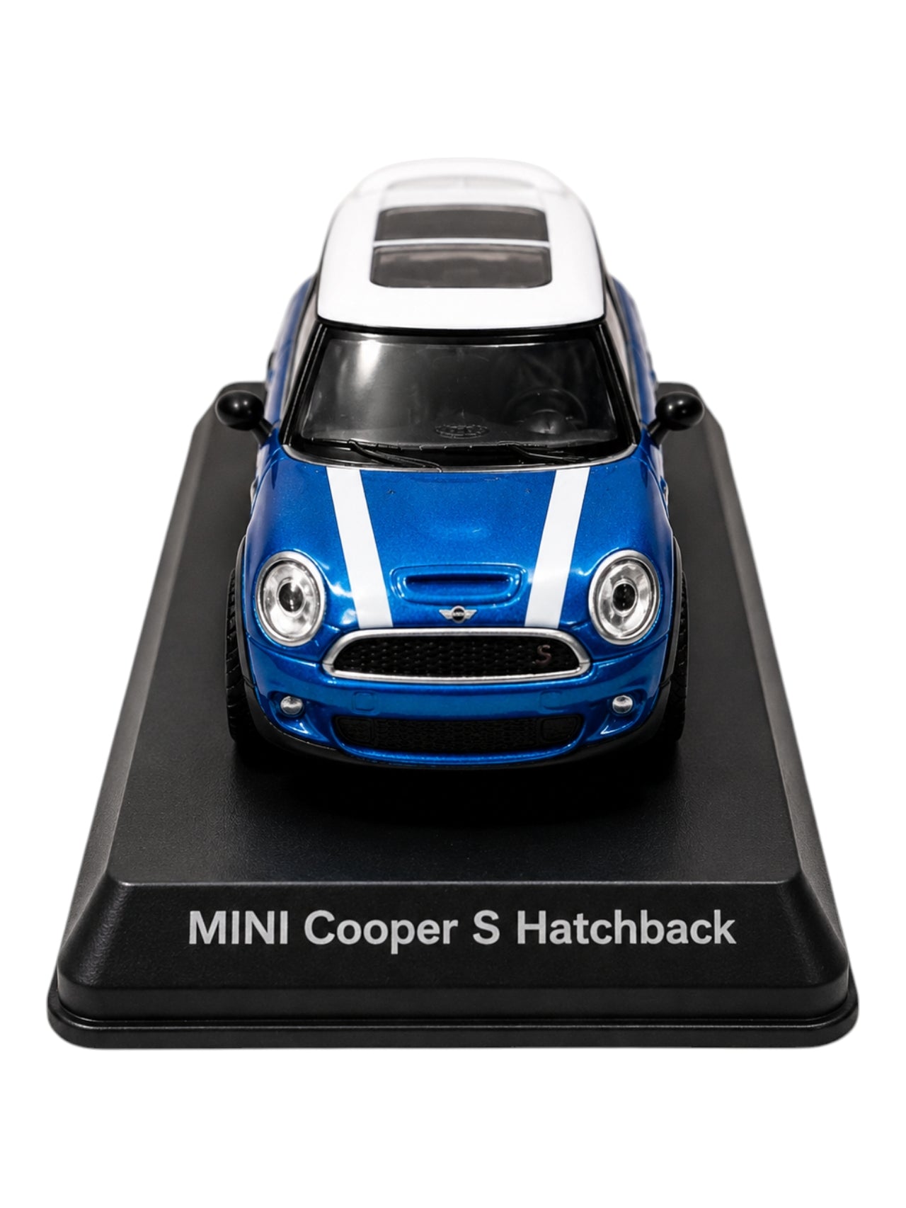MINI Cooper S Hatchback Diecast Model Car with Display Base | Blue | 1:64 Scale