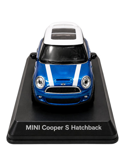 MINI Cooper S Hatchback Diecast Model Car with Display Base | Blue | 1:64 Scale