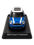 MINI Cooper S Hatchback Diecast Model Car with Display Base | Blue | 1:64 Scale