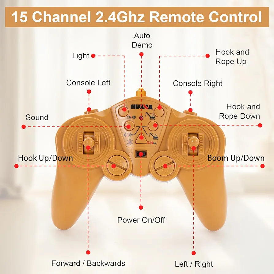 HUINA RC Engineering Crane 15 Channel Professional Crane Remote Control, 2.4GHz Frequency Simulation Action, 680° Direction , Realistic Light, Realistic Sound 1:14 Scale