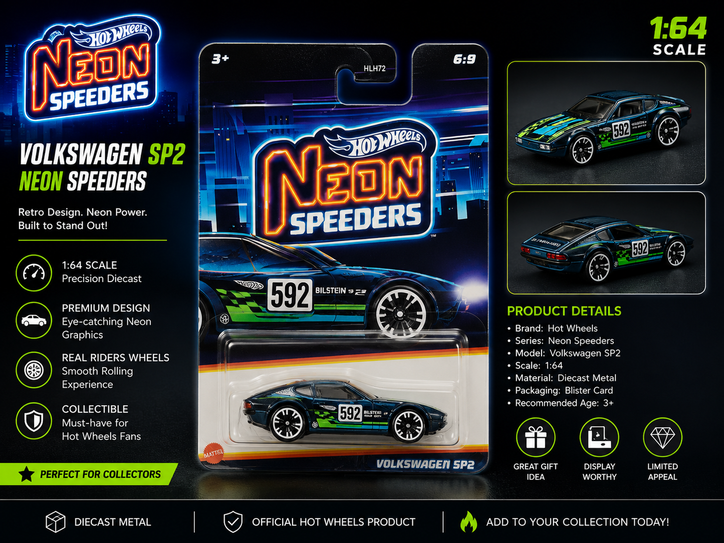 Hotwheels Mainline 'Volkswagen SP2 – Neon Speeders |Card Art 1:64 Scale Diecast Model Car