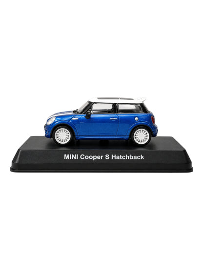 MINI Cooper S Hatchback Diecast Model Car with Display Base | Blue | 1:64 Scale