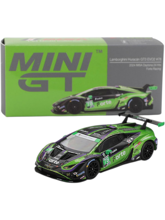 Mini GT code-1062 Lamborghini Huracán GT3 EVO2 #78 Forte Racing 2024 IMSA Daytona 24 Hrs 1:64 Scale