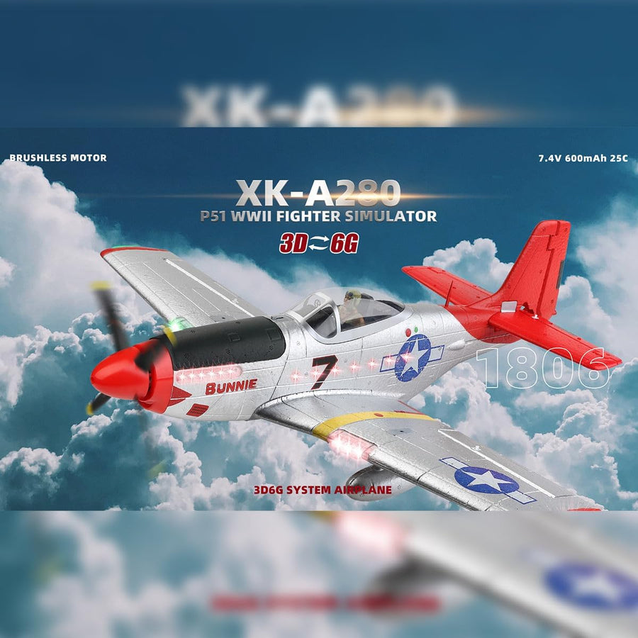Aircraft A280 P-51 Mustang 2.4GHZ Radio Control Rudder Conversion, 3D / 6G Conversion, Light Switch 560 mm' Scale Rc Airplane ( Remote control)