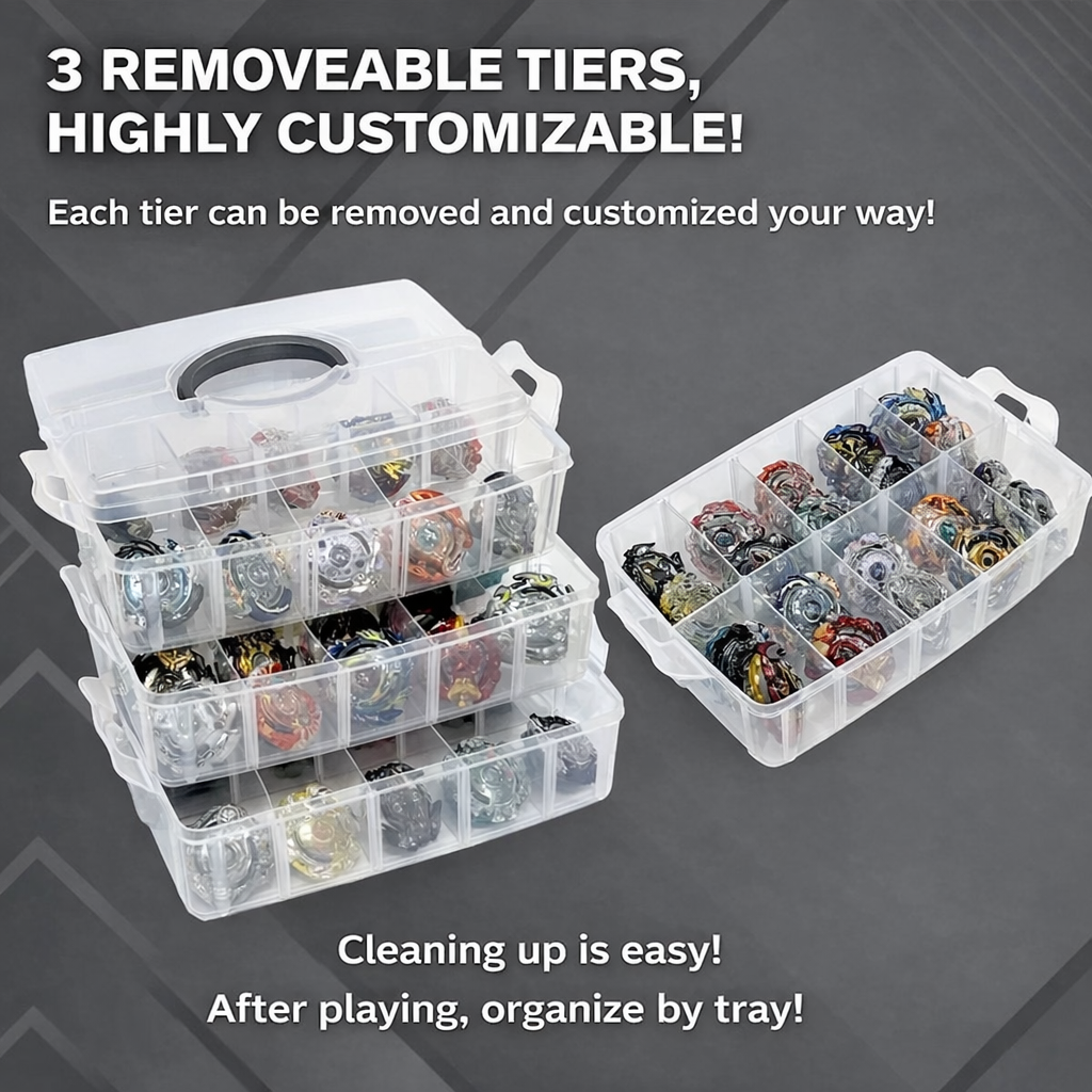 Premium 3-Tier Beyblade Storage Case with Removable Dividers – Customizable Organizer for Beyblade, Parts & Launcher Storage(Store upto 30 beyblades)