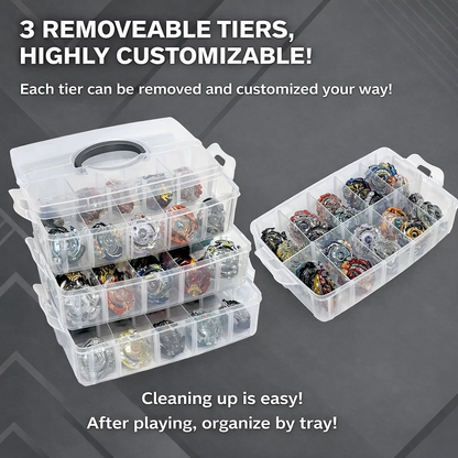 Premium 3-Tier Beyblade Storage Case with Removable Dividers – Customizable Organizer for Beyblade, Parts & Launcher Storage(Store upto 30 beyblades)