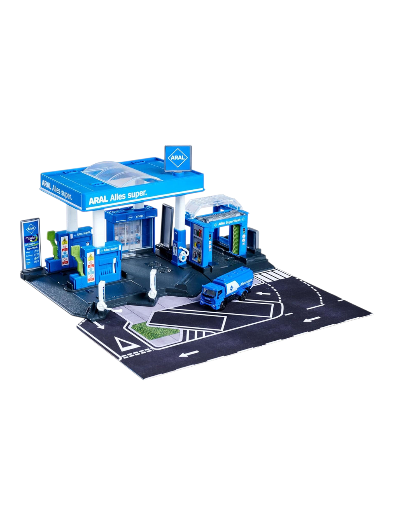Majorette Petrol Station ARAL + Vehicle | Includes 1 Fuel Tanker | Features Fuel Pump & EV Charger | Car wash and Shop | Suitable for 1:64 Scale Vehicles | Imaginative Role-Play Set for Kids