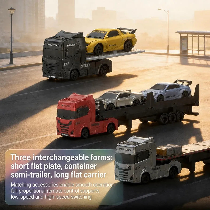 Turbo Speed Trailer Specifications Colours And Contents May Vary From illustrations 2.4 GHz Full-Scale Remote Control: Equipped with a 2.4 GHz wireless remote control system, it provides a stable, lag-free control range of up to 30 meters 1:64 Scale