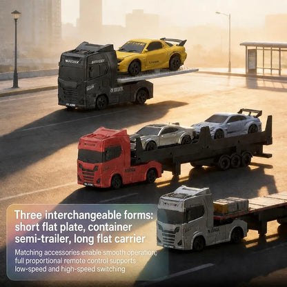 Turbo Speed Trailer Specifications Colours And Contents May Vary From illustrations 2.4 GHz Full-Scale Remote Control: Equipped with a 2.4 GHz wireless remote control system, it provides a stable, lag-free control range of up to 30 meters 1:64 Scale