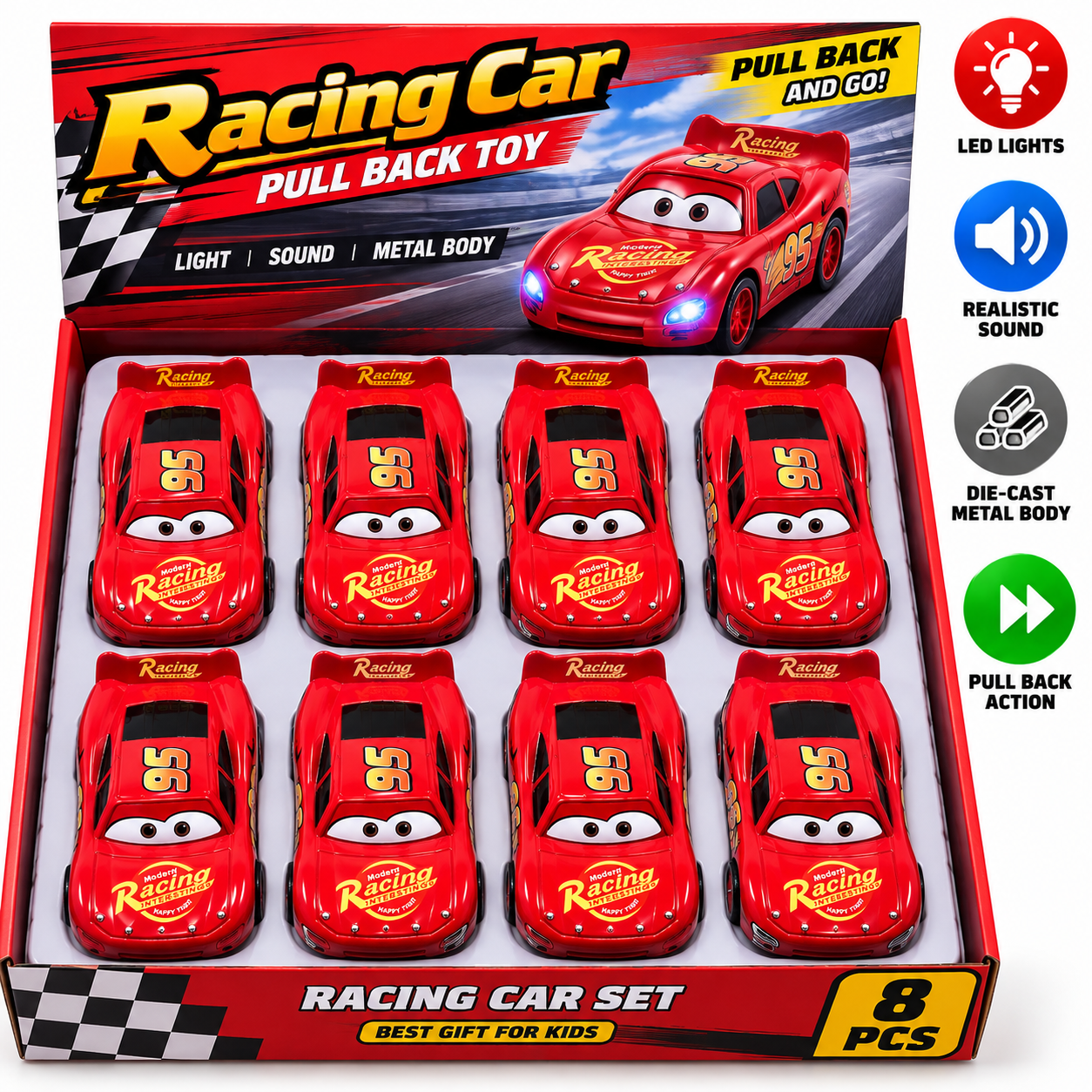 Disney Pixar McQueen 1:43 Scale Die-Cast Metal Racing Car Toy with LED Lights & Sound, Pull Back Car (Unlicensed Product)