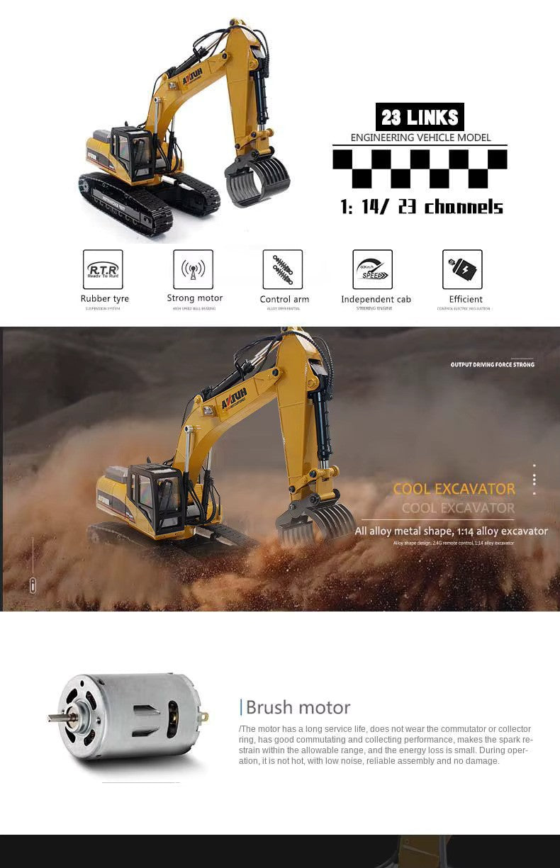 Huina Toys 1535 Excavator With 15 Functions 1:14 Scale Rechargeable Battery Playtime 20 to 30 minutes 2.4GHz Frequency Realistic Light and sound Remote Control Truck RC