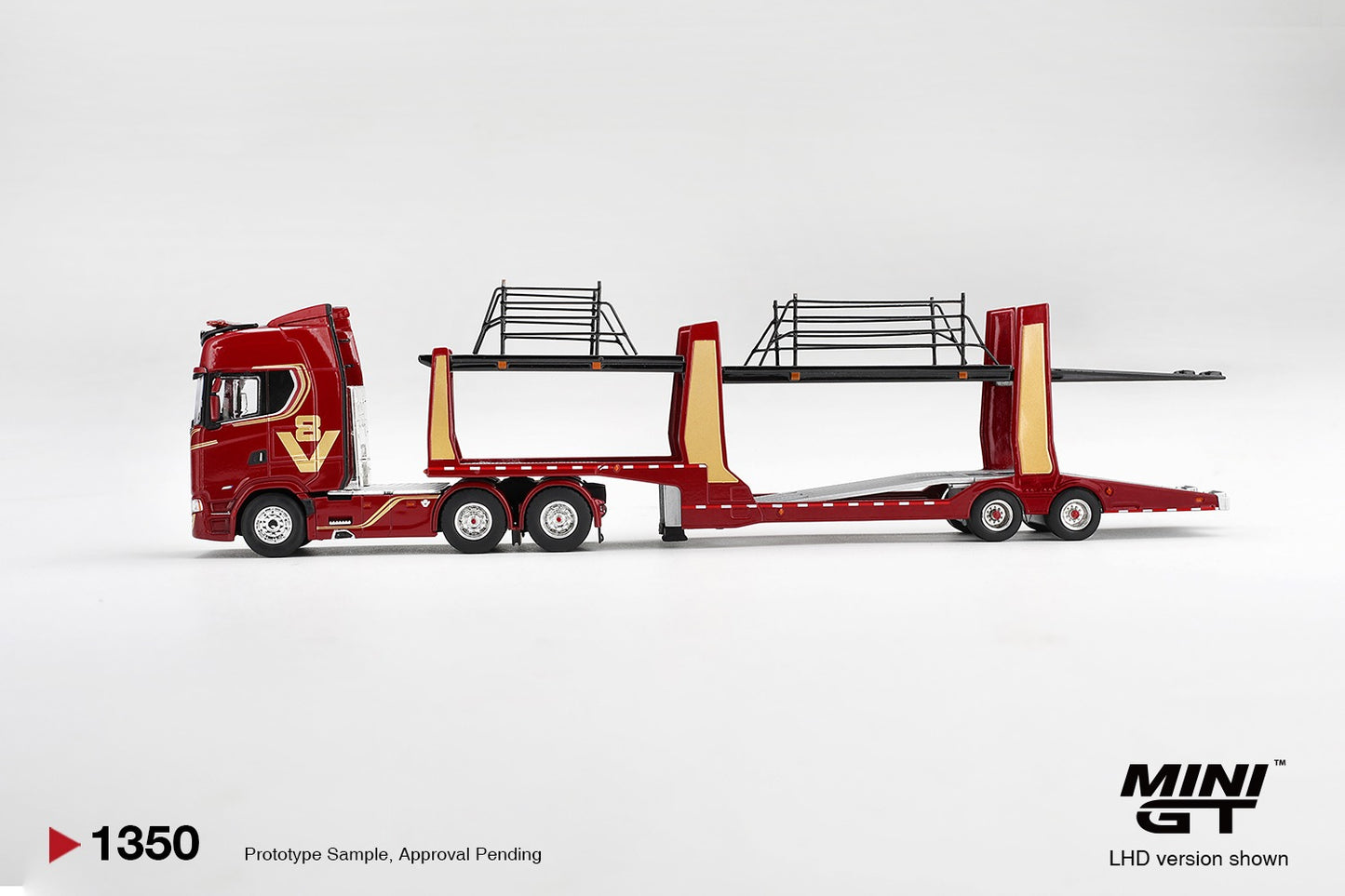 Mini GT PRE-ORDER ( Dec End-2026 ) SCANIA 770S A6X4NA CAR TRANSPORTER V8 50TH ANNIVERSARY WITH CAR TRANSPORTER RED 1:64