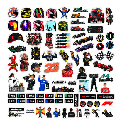 Cars Sticker 8 sheets – Premium Formula 1 Car & Driver Stickers | Stylish Waterproof Vinyl Stickers for Laptop, Helmet, Phone & Car