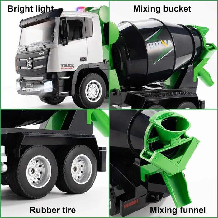 Huina Toys 657 Engineering Remote Control Truck Mixer 9 Channel Including, 2.4Ghz , 3.7 V Battery, With Chargeable 1:18 Scale Flashing LED Working Lights High-Quality Alloy Metal & ABS Construction