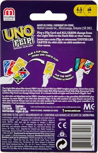 Uno flip the deck change the game play a flip card and all cards change from the mild side to the wild side or vice versa...