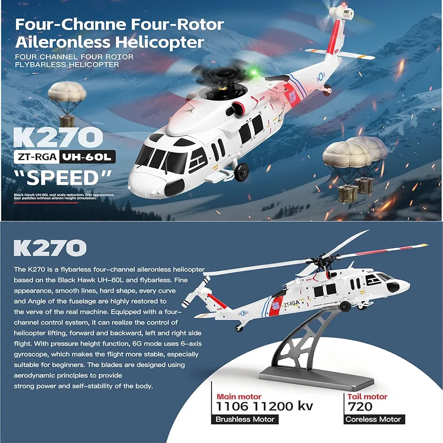 Aircraft UH-60L Black Hawk K270 Rescue Helicopter ( RC ) 2.4GHz remote control automatic height stabilization Rechargeable Battery USB Charging Cable 1:32 Scale ( K270 )