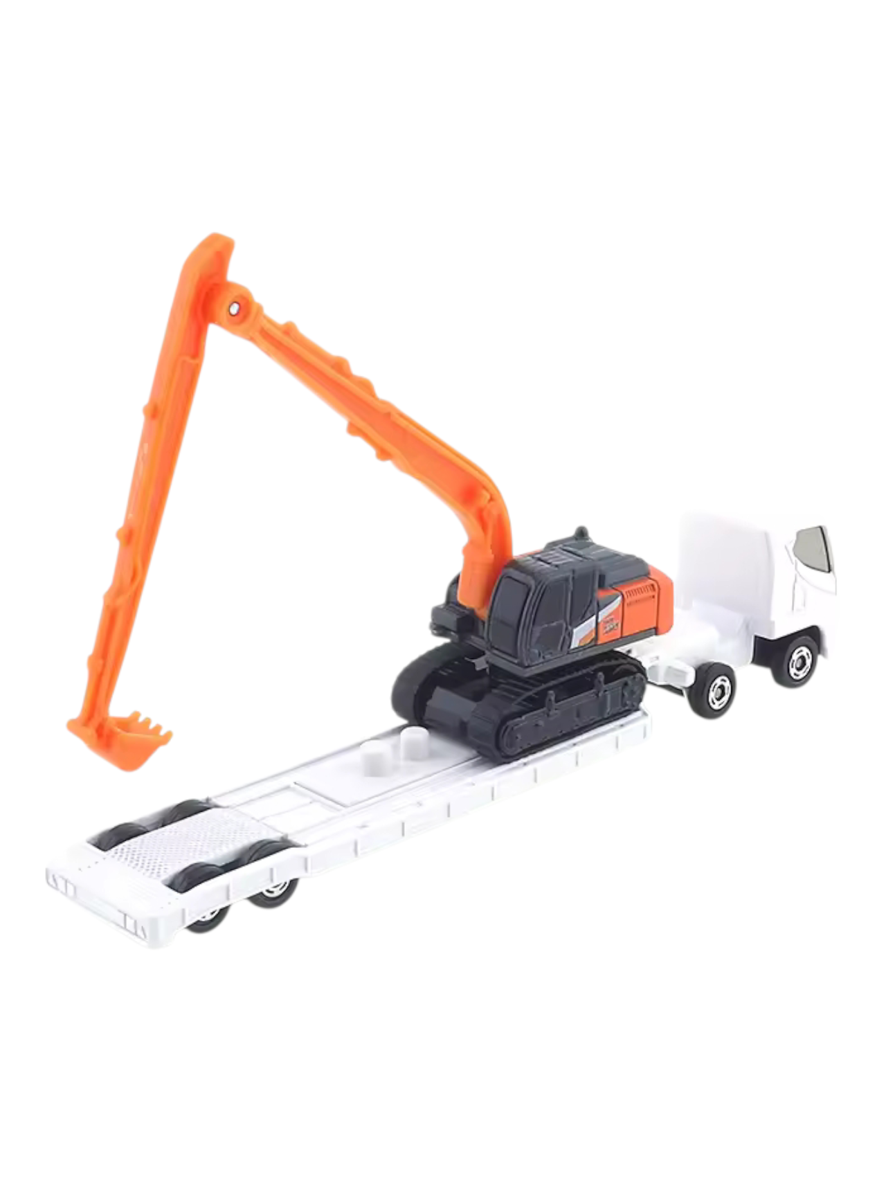 Takara Tomy Tomica Hitachi Construction Machinery Super Long Front Excavator ZX210-7 SLF and Transporter No 143