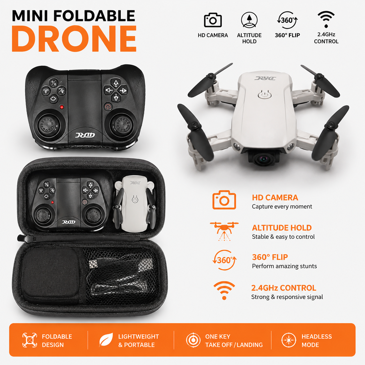 QDRC 4D-V9 Foldable WiFi Camera Drone with HD Camera, Remote Controller, Carry Case & USB Charging Cable