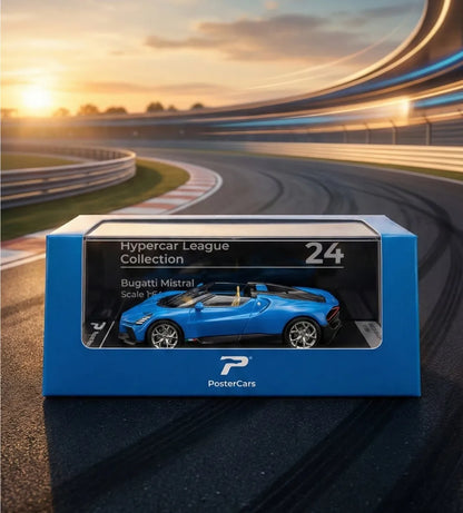 Postercars Hypercar League Collection Bugatti Mistral 1:64 Scale / French Racing Blue ( No 24 )