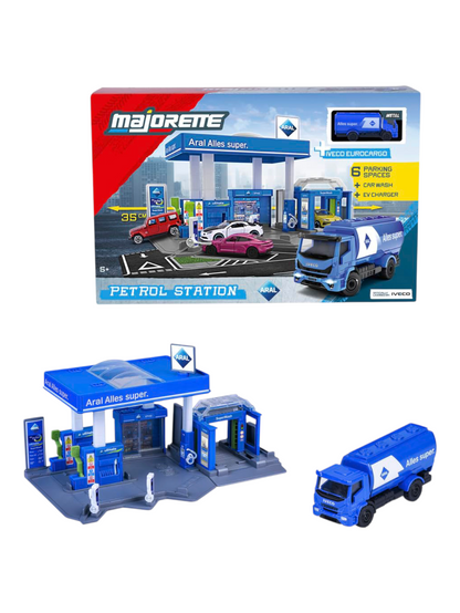 Majorette Petrol Station ARAL + Vehicle | Includes 1 Fuel Tanker | Features Fuel Pump & EV Charger | Car wash and Shop | Suitable for 1:64 Scale Vehicles | Imaginative Role-Play Set for Kids