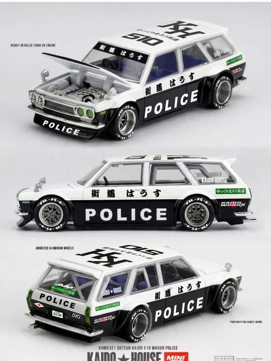 Pre Order Mini GT Kaido House No.321: Datsun KAIDO 510 Wagon Police 1:64 Scale Diecast Model (ETA: June 2027)