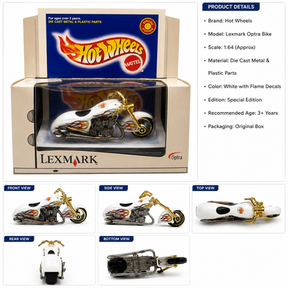 HotWheels Lexmark Optra Special Edition Motorcycle 1:64 Scale Die-Cast Bike with Display Box