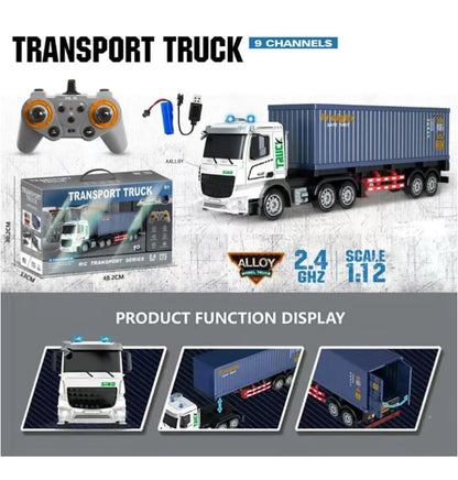 JALKAR 1:12 Scale RC Container Truck with Trailer, Metal Body, 2.4GHz Remote System, 9-Channel Control, LED Lights, Music, (Multi Colour)