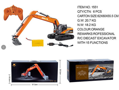 Huina 1551 Long RC Excavator With 15 Functions 2.4GHz Frequency Simulation Manipulation Realistic Light Sound High capacity Battery Includes 1:14 Scale die-cast Model Remote control