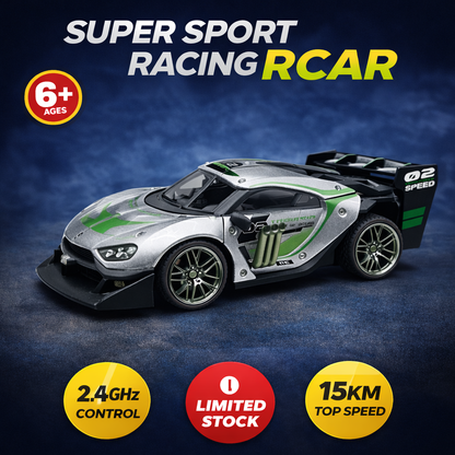 Metal Racing 1:16 Scale RC Metal Racing Car | 2.4GHz Remote Control, 15KM/H High-Speed Sports Car with LED Lights, Drift Function & Shock Absorbers