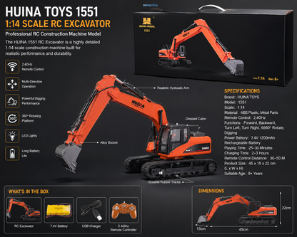 Huina Toys 1551 RC Remote Control Excavator With 15 Functions USB Charging construction machine 360° rotating body 7.4V rechargeable battery Playing Time: Approx. 25–30 minutes Charging Time: Approx. 2–3 hours Up to approx. 3.5 km/h 1:14 scale