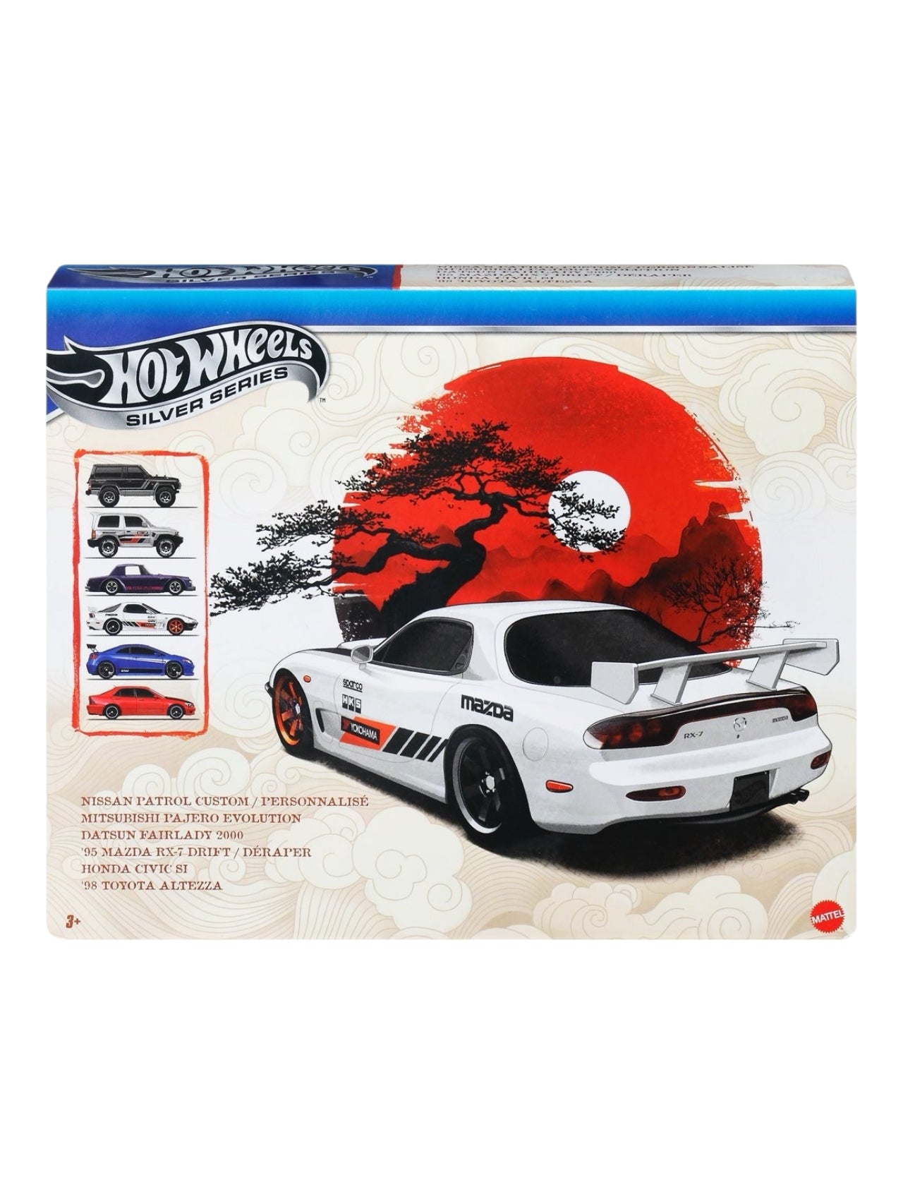 HotWheels Silver Series Set Of 6 Diecast Model Car Imported 1:64 Scale Nissan Patrol Custom, Mitsubishi pajero evolution, Datsun Fairlady 2000 , 95 Mazda RX-7 Drift , Honda civic Si, 98 Toyota Altezza